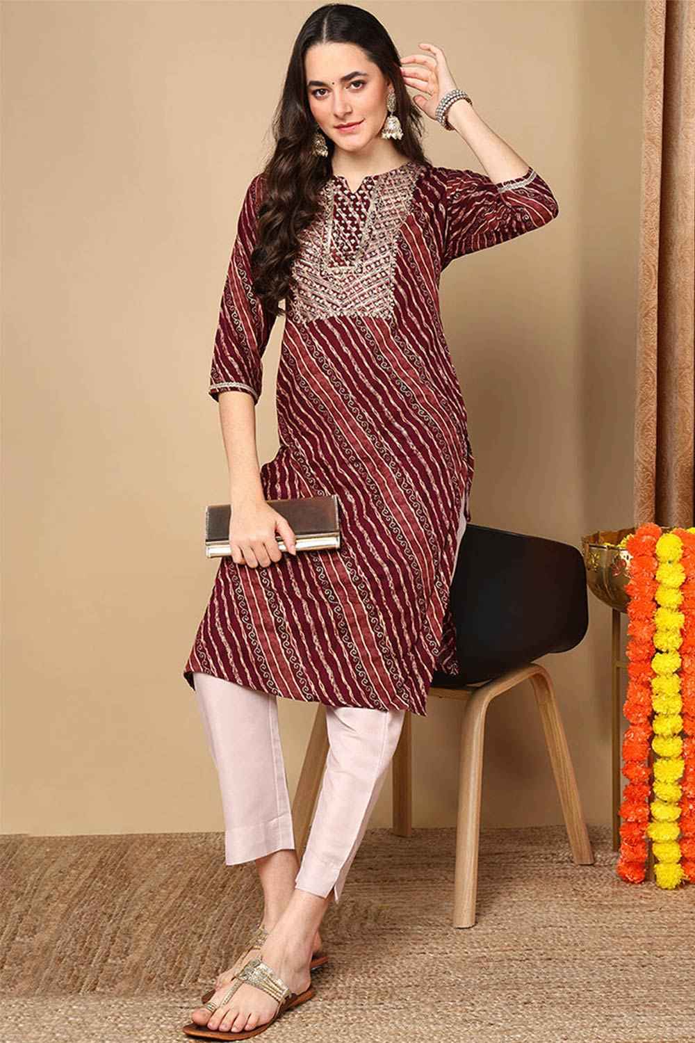 Purple Rayon Leheriya Straight Fit KurtI Set