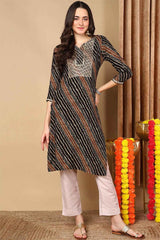 Black Rayon Embroidered Round Neck KurtI Set