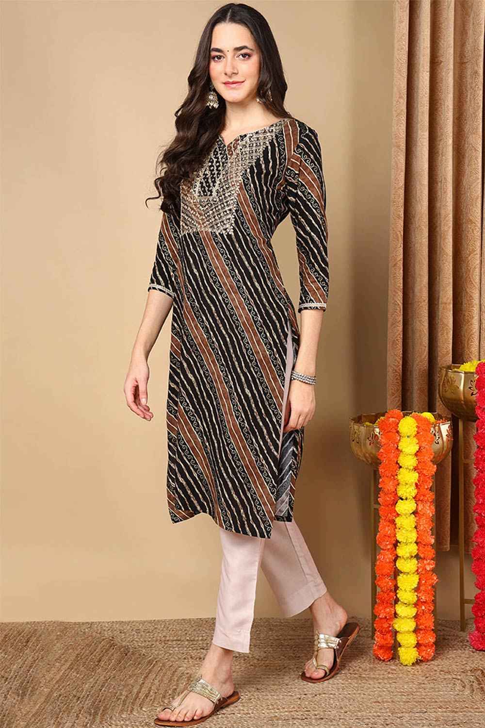 Black Rayon Embroidered Round Neck KurtI Set