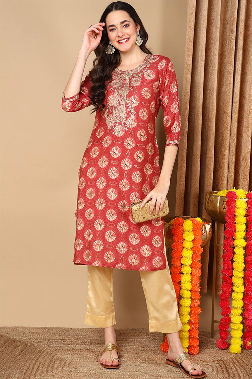 Red Silk Blend Printed Straight Fit KurtI Set