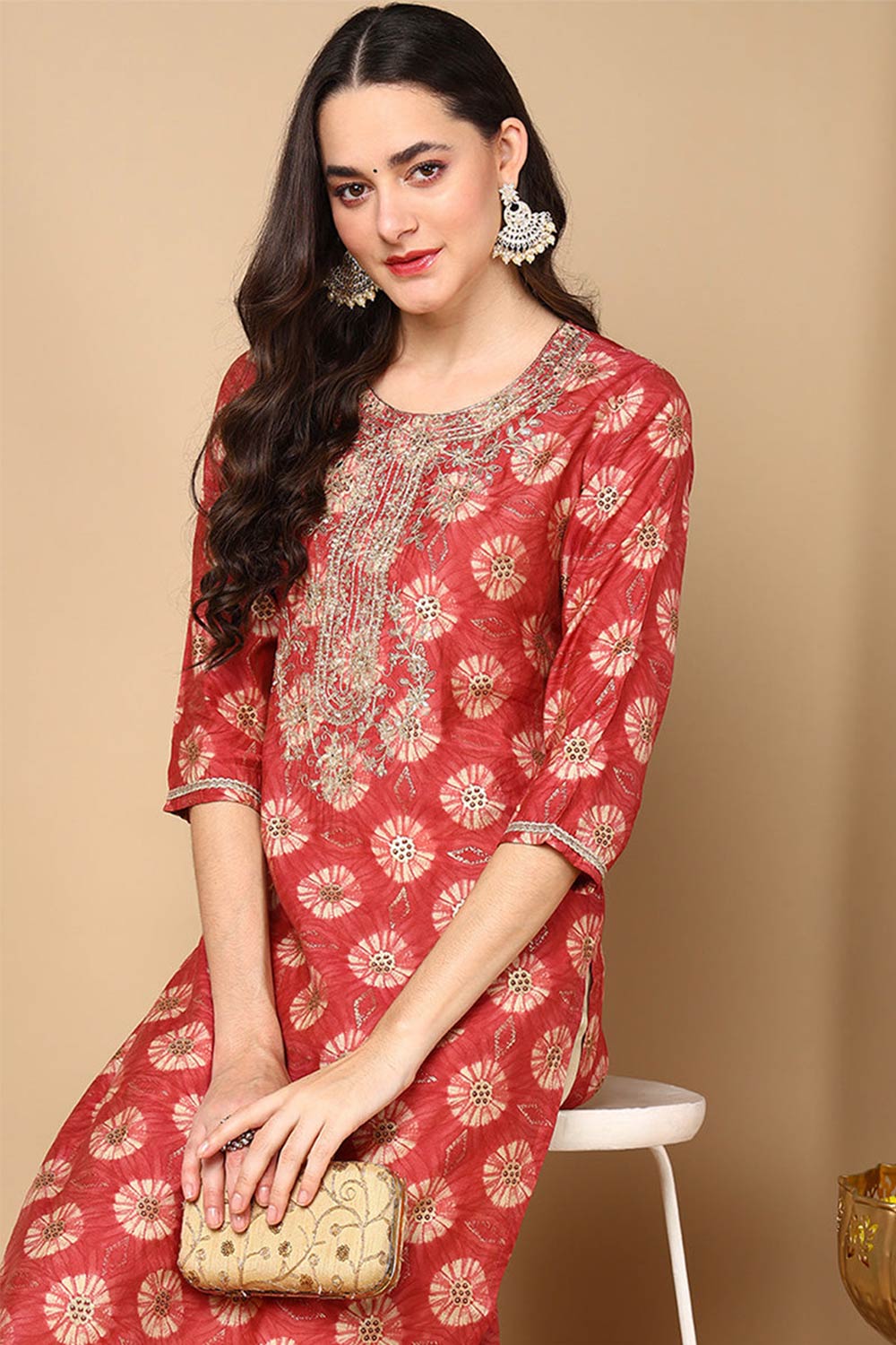 Red Silk Blend Printed Straight Fit KurtI Set