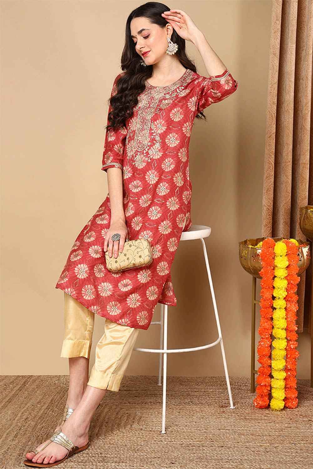 Red Silk Blend Printed Straight Fit KurtI Set