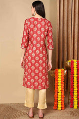 Red Silk Blend Printed Straight Fit KurtI Set