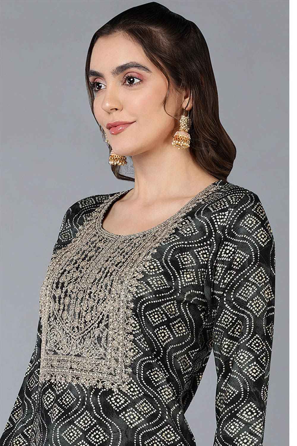 Black Rayon Bandhani Round Neck KurtI Set