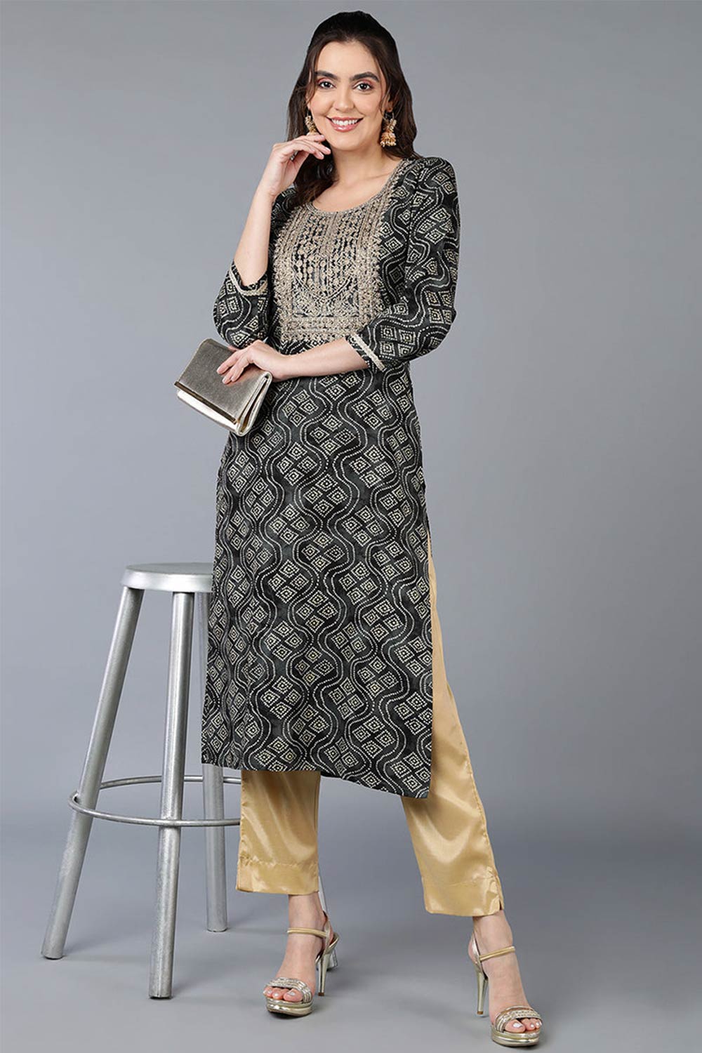 Black Rayon Bandhani Round Neck KurtI Set