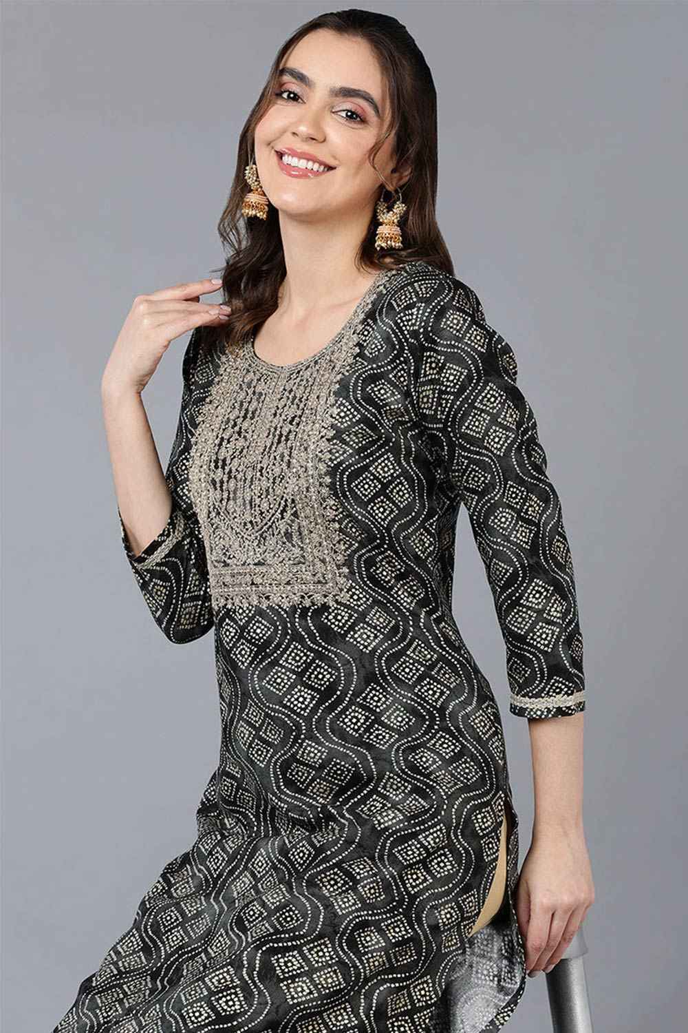 Black Rayon Bandhani Round Neck KurtI Set