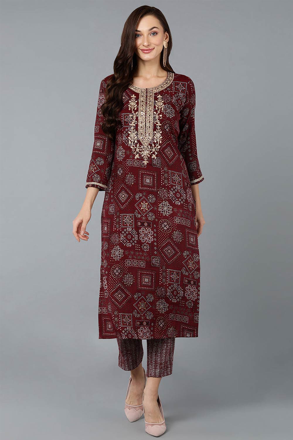 Red Cotton Bandhani Round Neck KurtI Set