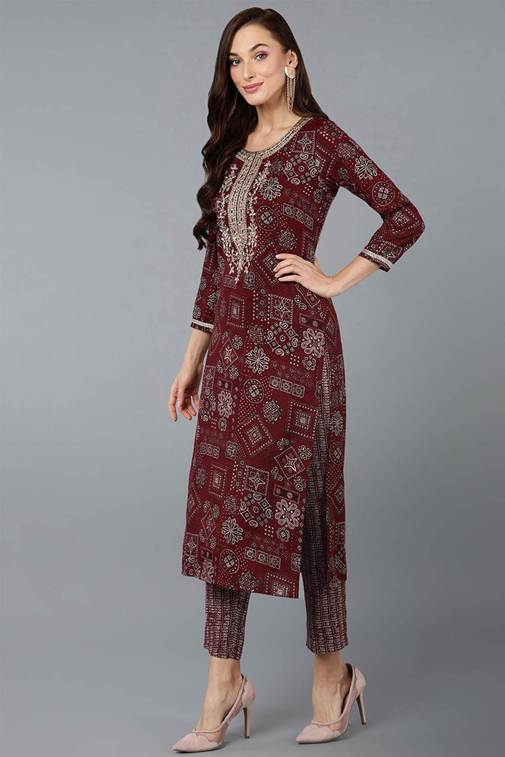 Red Cotton Bandhani Round Neck KurtI Set