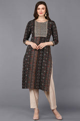 Black Rayon Embroidered Round Neck KurtI Set