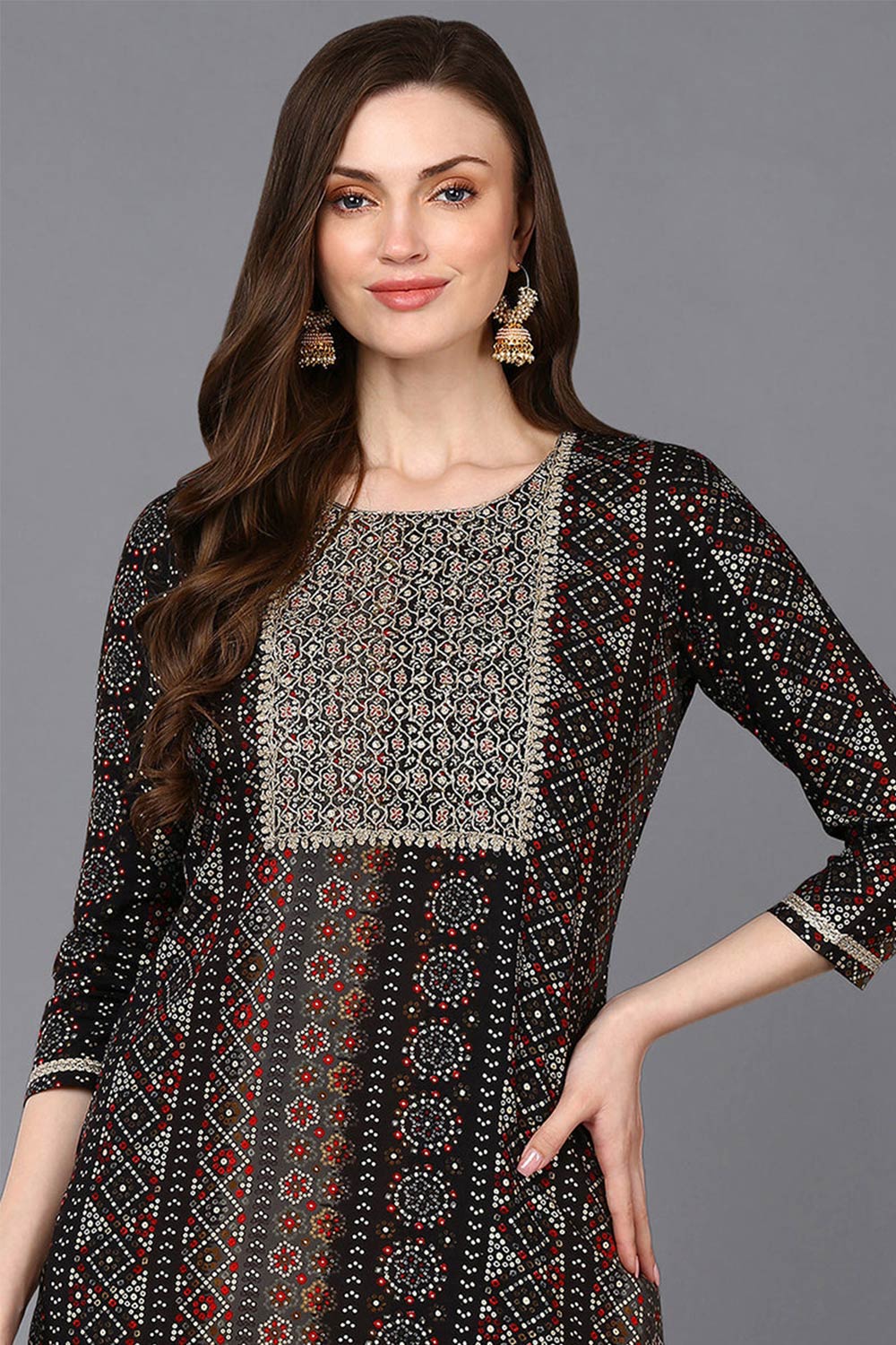 Black Rayon Embroidered Round Neck KurtI Set