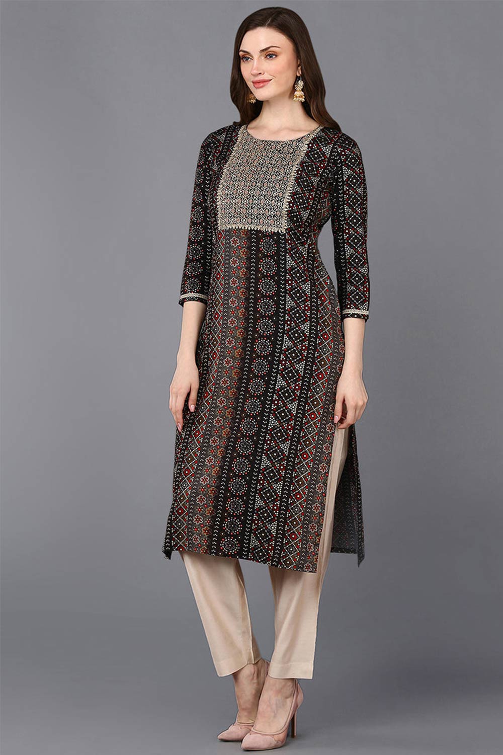 Black Rayon Embroidered Round Neck KurtI Set