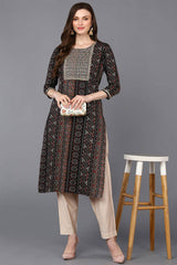 Black Rayon Embroidered Round Neck KurtI Set