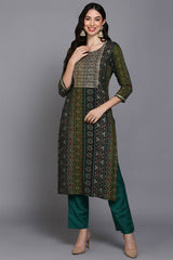 Green Rayon Embroidered Round Neck KurtI Set