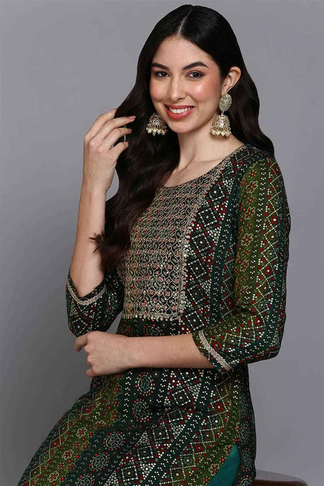 Green Rayon Embroidered Round Neck KurtI Set