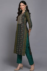 Green Rayon Embroidered Round Neck KurtI Set