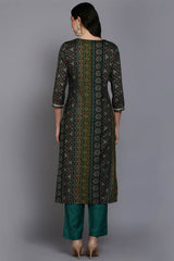 Green Rayon Embroidered Round Neck KurtI Set