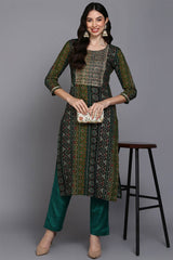 Green Rayon Embroidered Round Neck KurtI Set