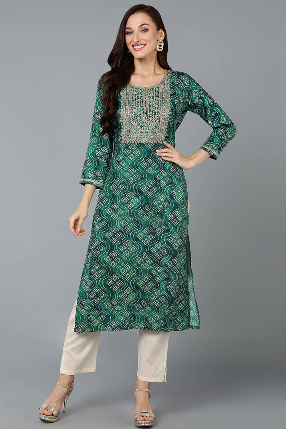 Green Cotton Printed Straight Fit KurtI Set