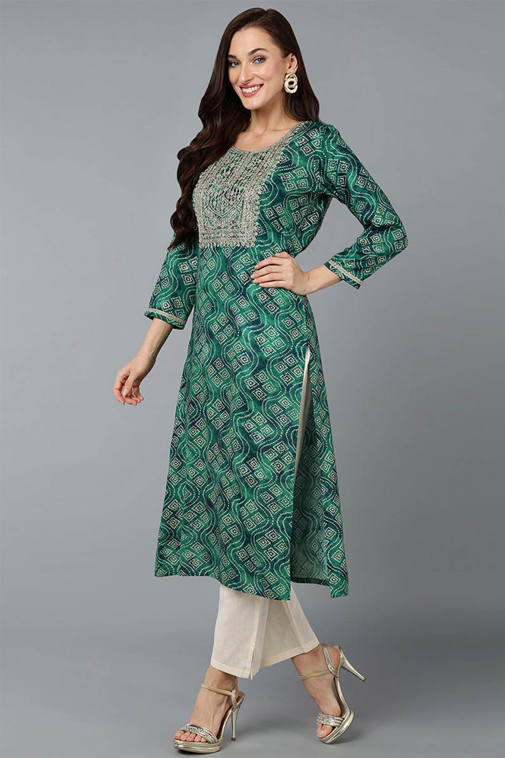 Green Cotton Printed Straight Fit KurtI Set