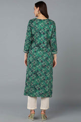 Green Cotton Printed Straight Fit KurtI Set