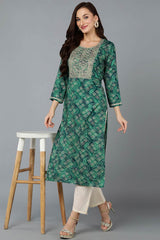 Green Cotton Printed Straight Fit KurtI Set