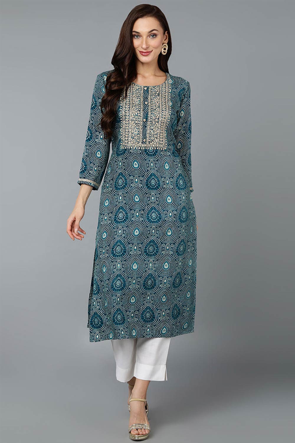 Green Cotton Printed Straight Fit KurtI Set