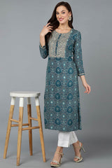 Green Cotton Printed Straight Fit KurtI Set