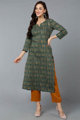 Green Cotton Paisley Print Straight Fit KurtI Set