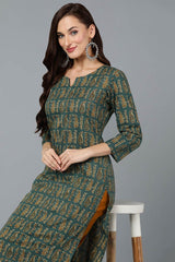 Green Cotton Paisley Print Straight Fit KurtI Set