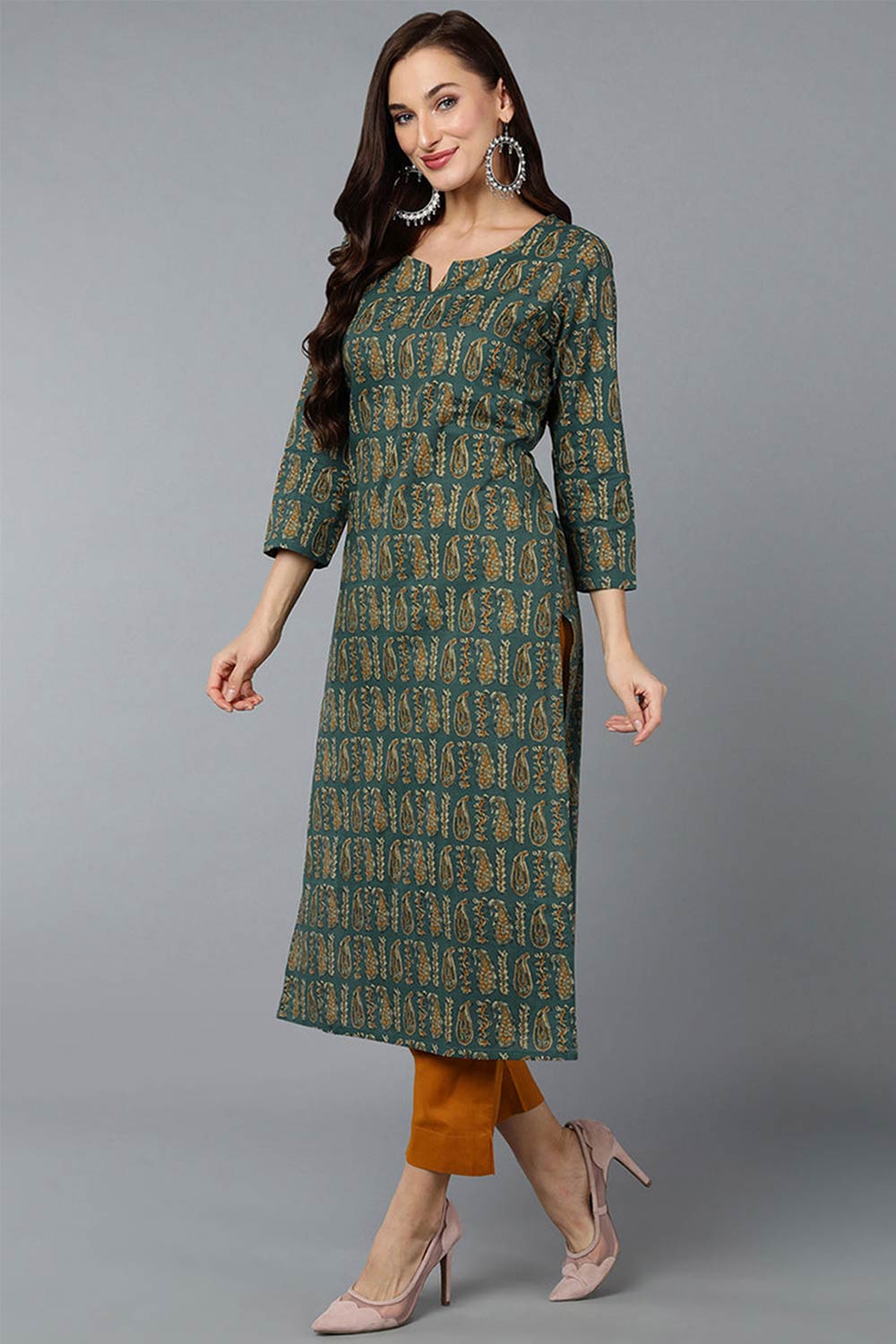 Green Cotton Paisley Print Straight Fit KurtI Set