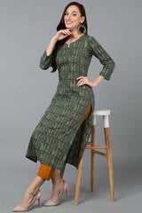 Green Cotton Paisley Print Straight Fit KurtI Set