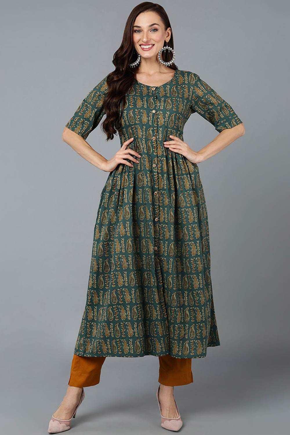 Green Cotton Embroidered Round Neck KurtI Set