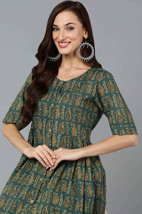 Green Cotton Embroidered Round Neck KurtI Set