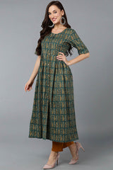 Green Cotton Embroidered Round Neck KurtI Set