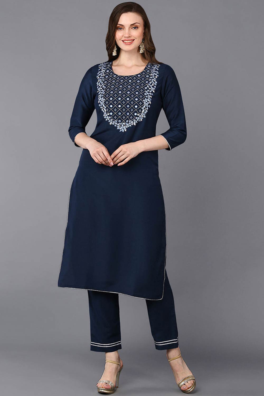 Blue Silk Blend Round Neck KurtI Set