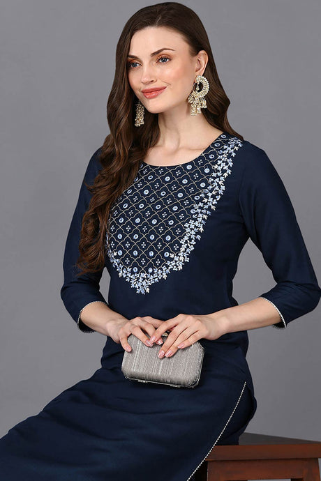 Blue Silk Blend Round Neck KurtI Set