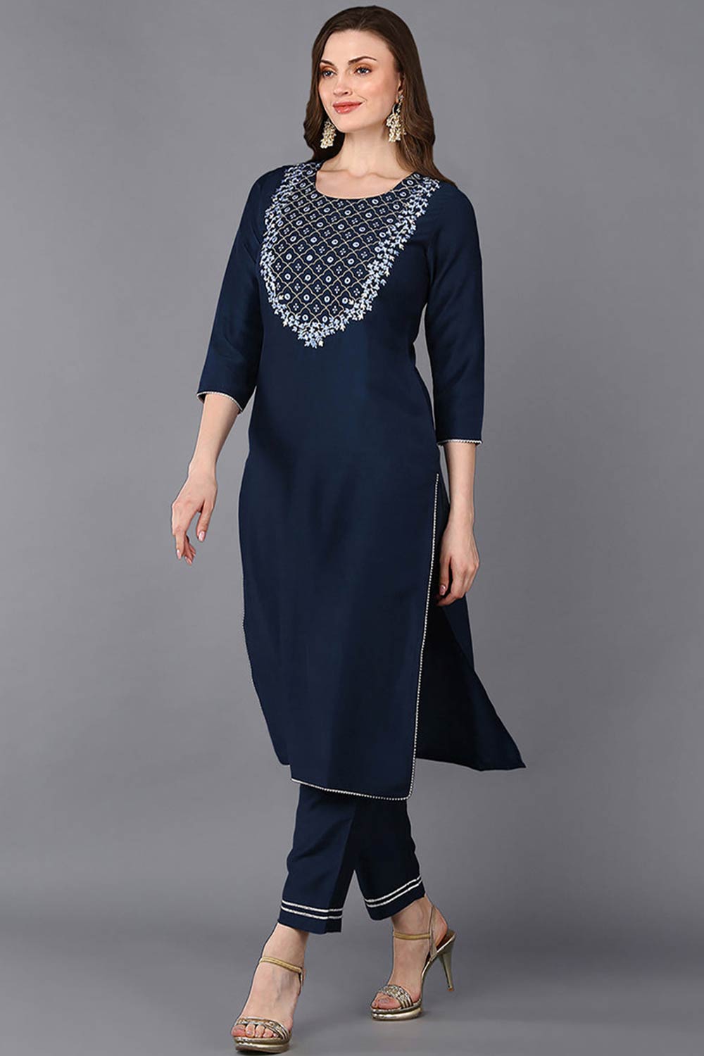 Blue Silk Blend Round Neck KurtI Set