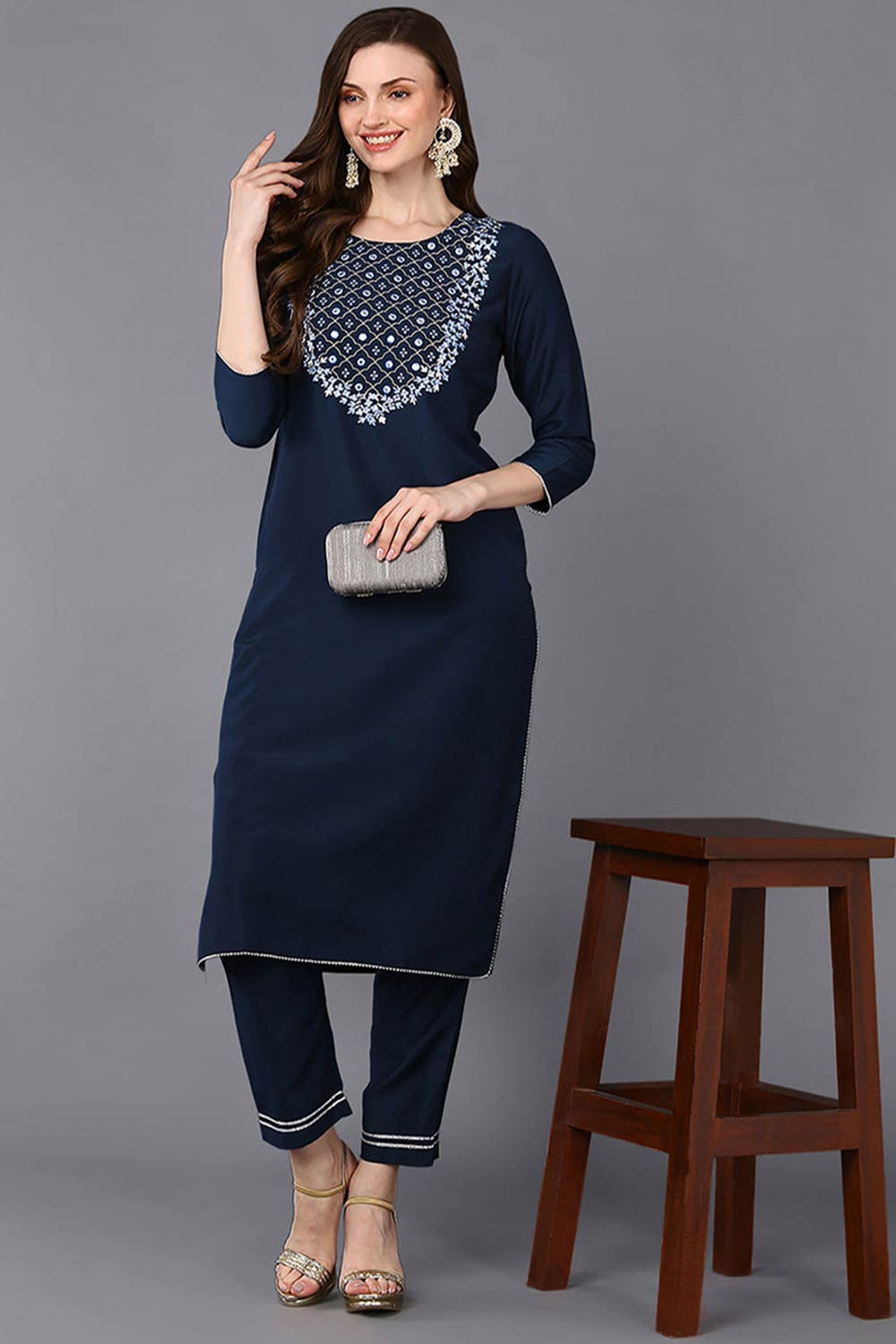 Blue Silk Blend Round Neck KurtI Set