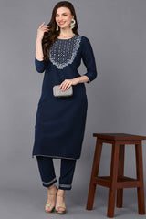 Blue Silk Blend Round Neck KurtI Set