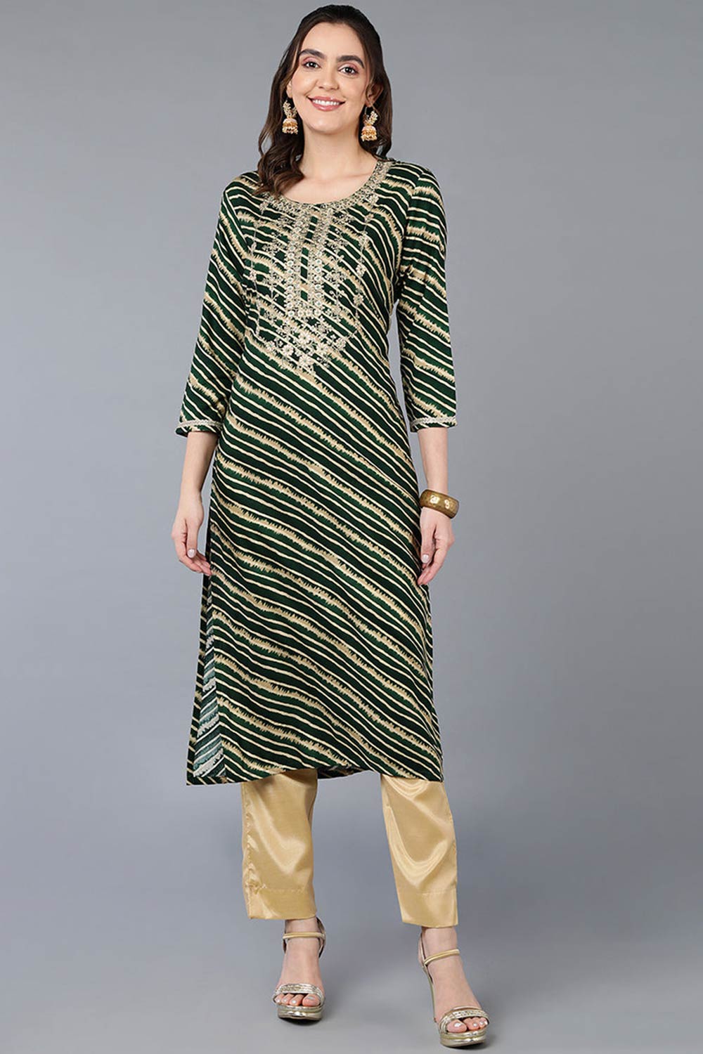 Green Rayon Leheriya Straight Fit KurtI Set