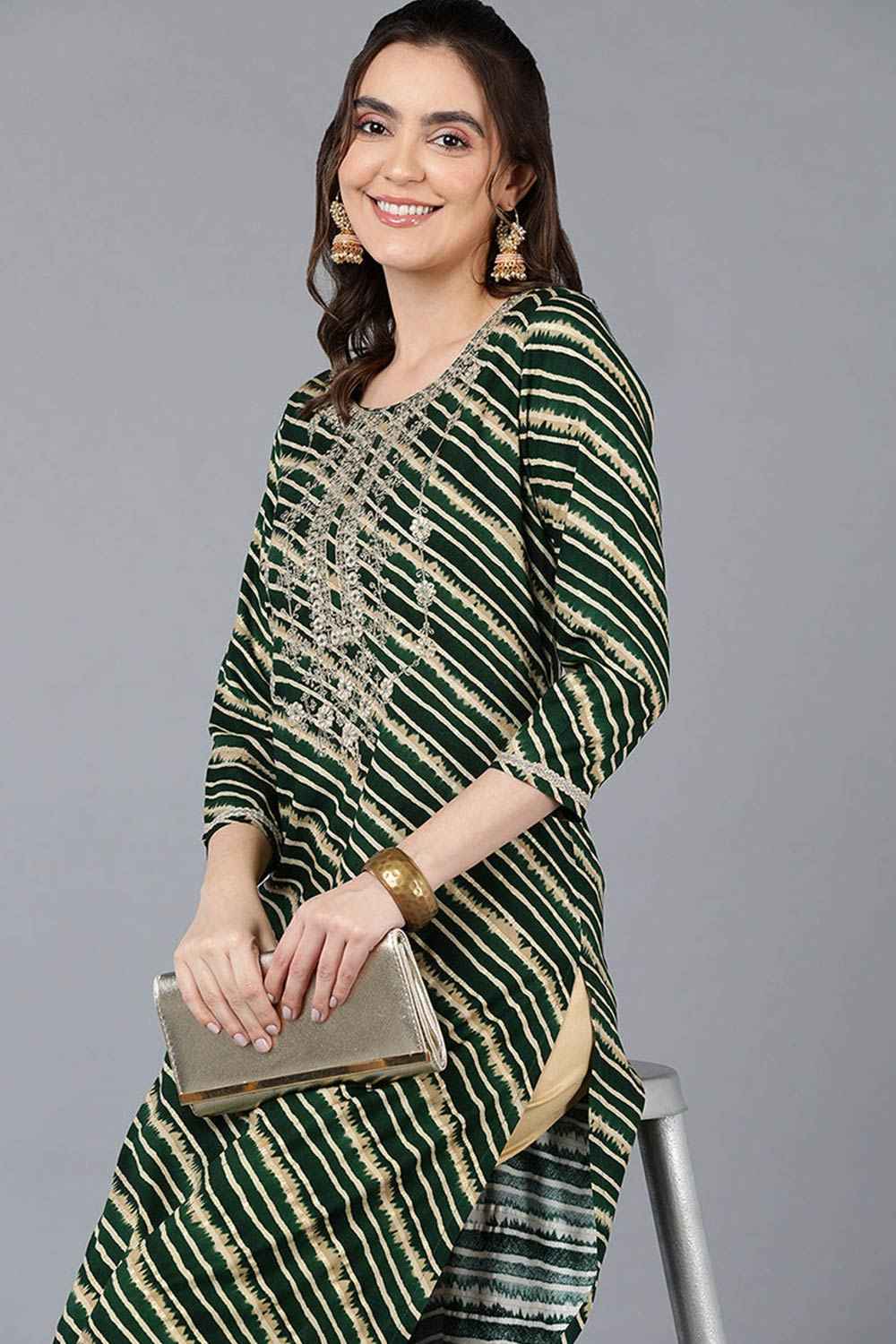 Green Rayon Leheriya Straight Fit KurtI Set