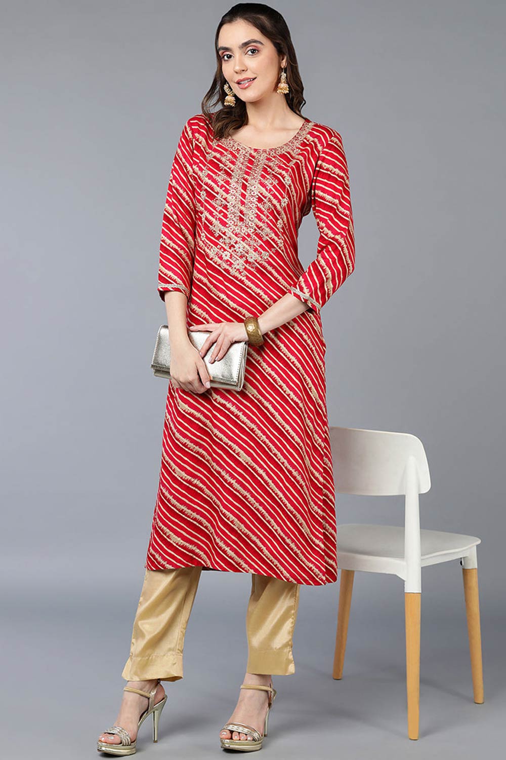 Pink Rayon Floral Print Round Neck KurtI Set