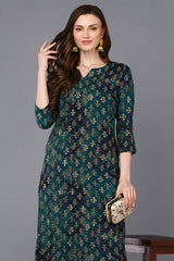 Blue Silk Blend Floral Print Round Neck KurtI Set