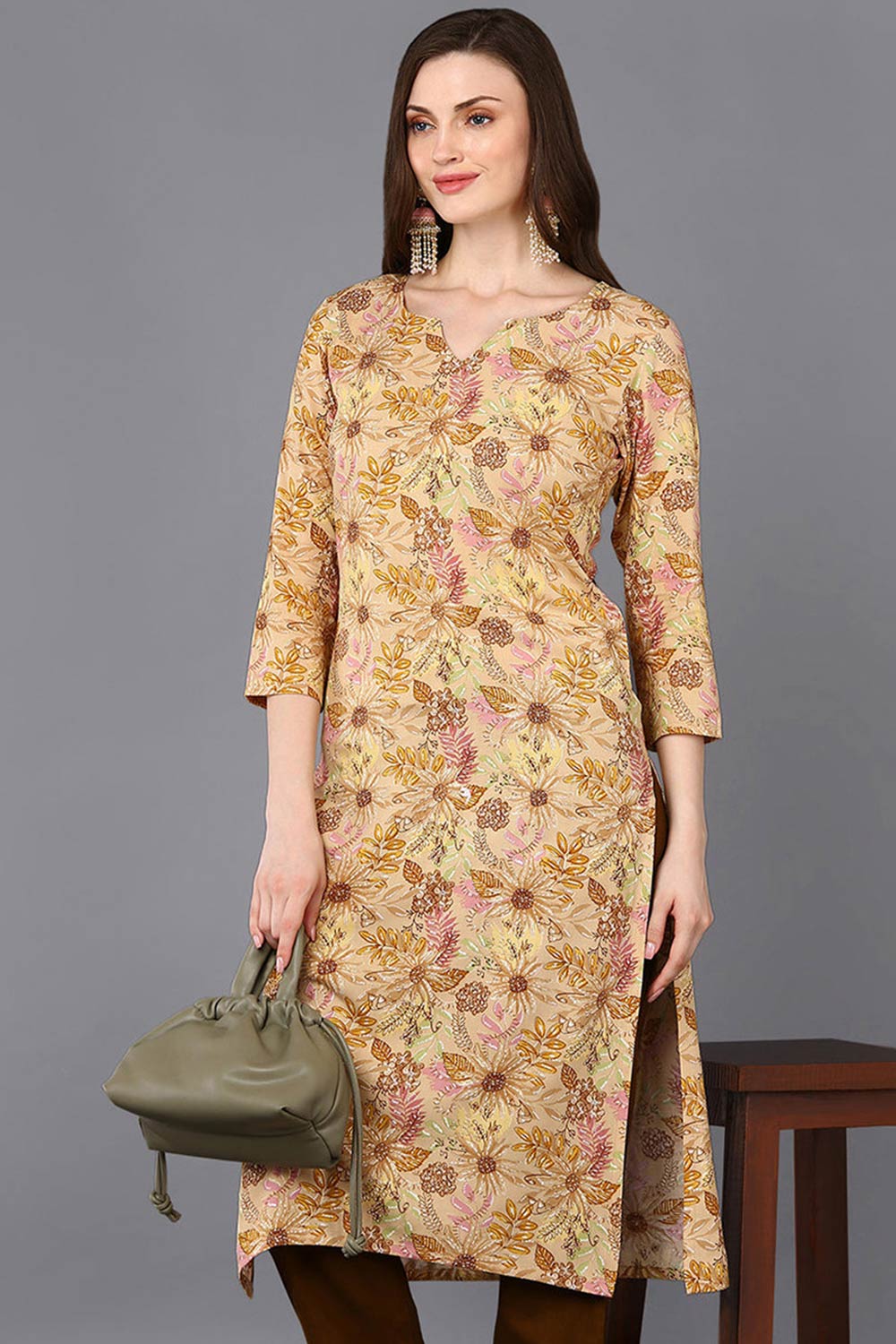 Beige Rayon Floral Straight Fit KurtI Set