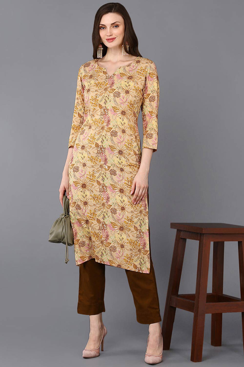 Beige Rayon Floral Straight Fit KurtI Set