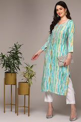 Blue Rayon Embroidered Round Neck KurtI Set