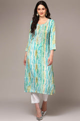 Blue Rayon Embroidered Round Neck KurtI Set