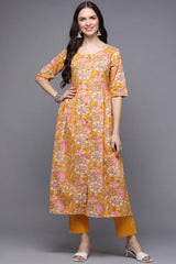 Yellow Cotton Floral Flared Fit KurtI Set