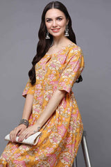 Yellow Cotton Floral Flared Fit KurtI Set