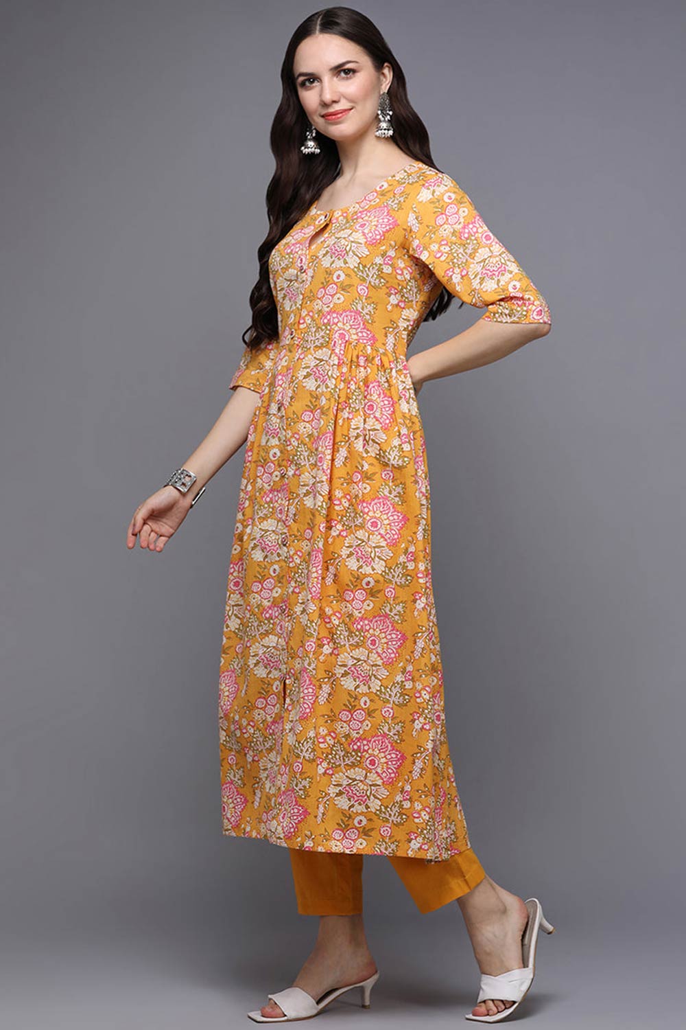 Yellow Cotton Floral Flared Fit KurtI Set